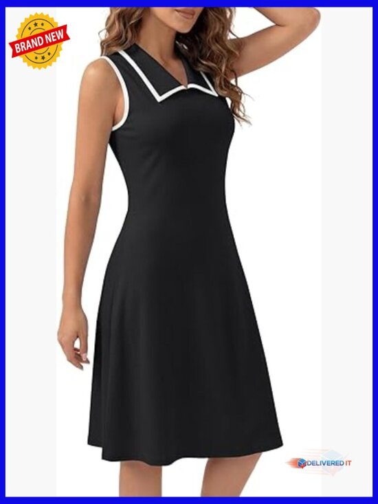 Dresses & Skirts - Sleeveless Collared A-Line Flare Midi Dress with Back Button Detail